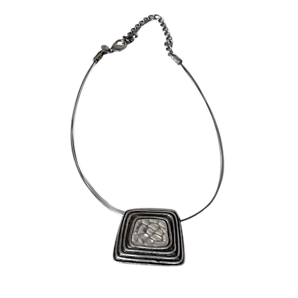 CHICO'S Textured Pewter Abstract Square Pendant Necklace 20.5” Statement Vintage